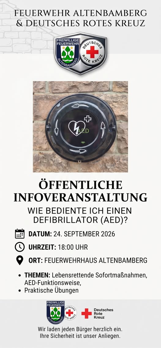 Plakat zur öffentlichen AED-Infoveranstaltung der Feuerwehr Altenbamberg und des Deutschen Roten Kreuzes am 24. September 2026