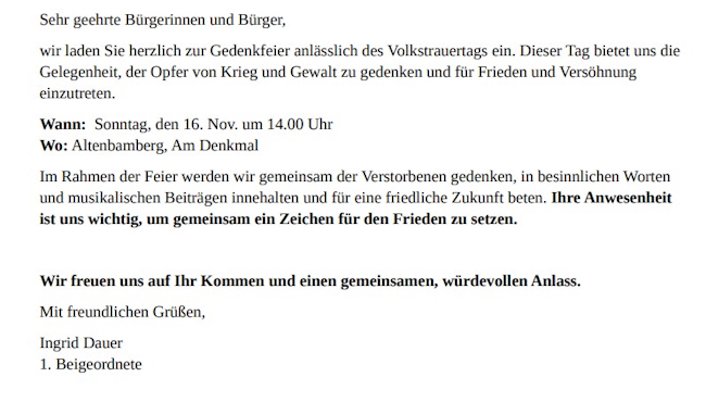 Einladung zum Volkstrauertag